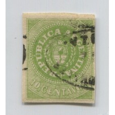 ARGENTINA 1862 GJ 08 ESCUDITO DE 10 Cts. MUY BUEN EJEMPLAR DE FRESCO COLOR CON SUS 4 MARGENES Y MATASELLO FRANCA DE MENDOZA U$ 8